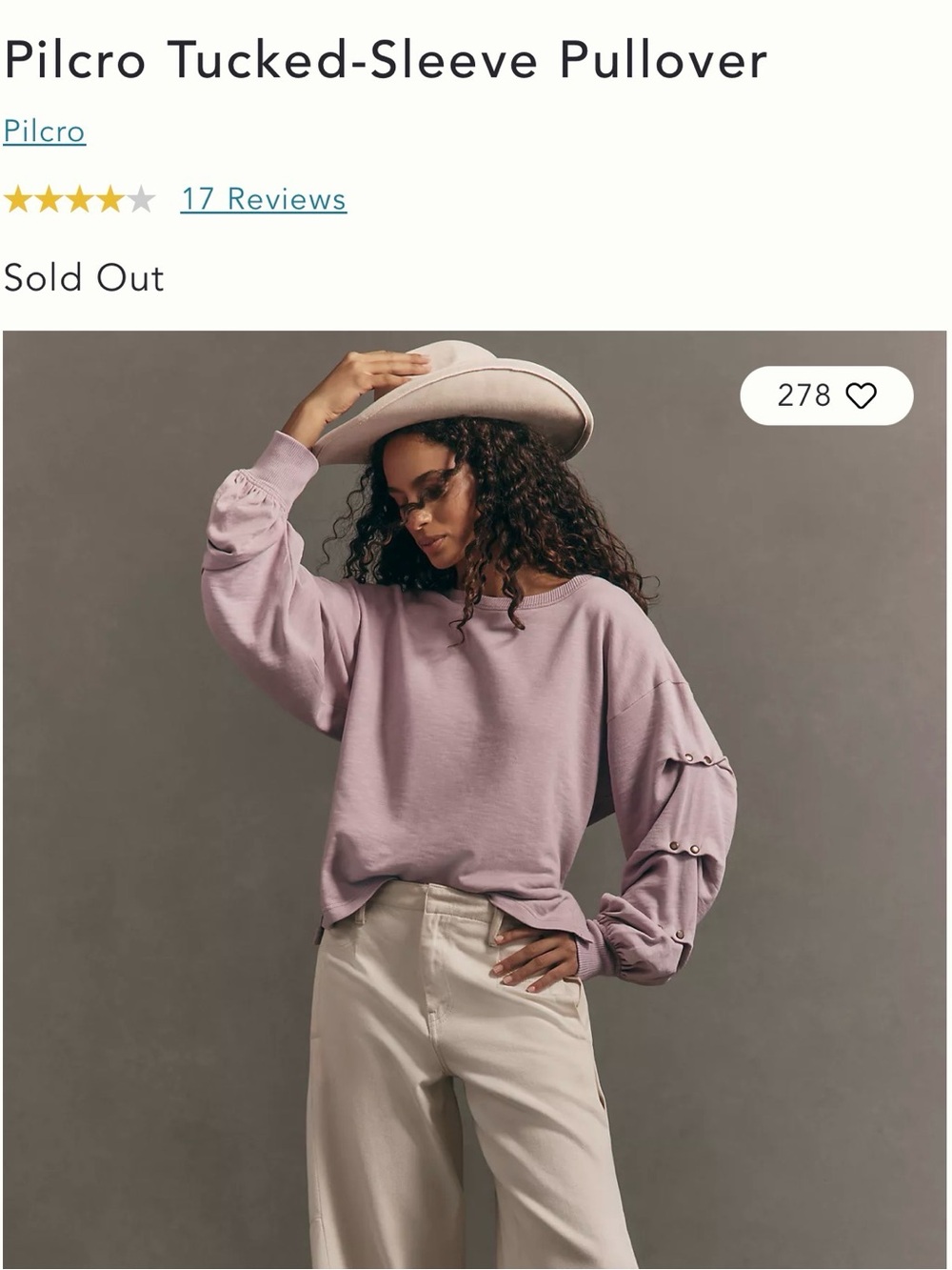 NWT ANTHROPOLOGIE Pilcro Tucked-Sleeve Pullover in light mauve